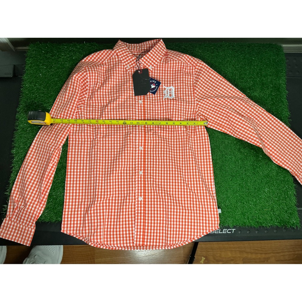 Antigua Detroit Tigers Mens Medium Ellis Gingham Button Down Shirt Orange White